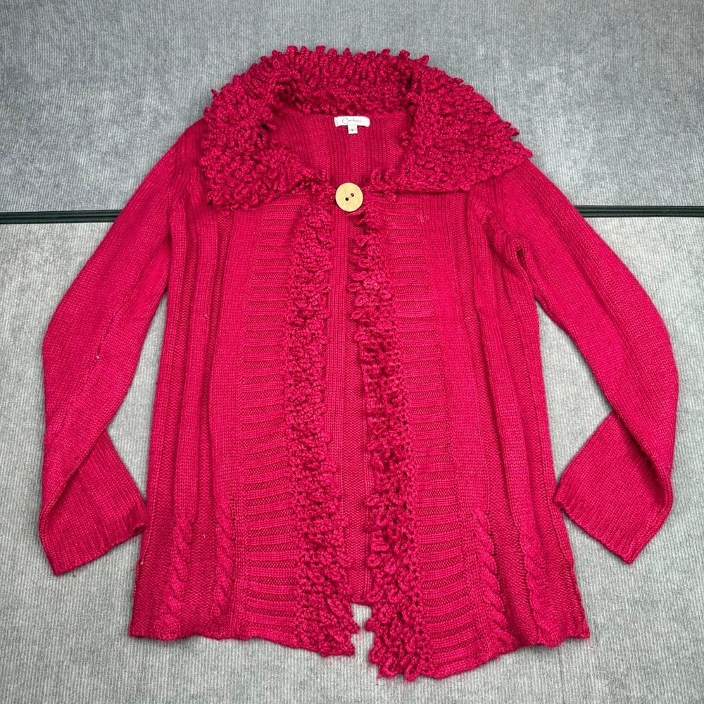 Carducci Pink Knit Cardigan Y2k Sweater Textured Loop Trim Wood Button L Y2k